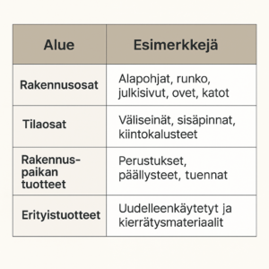 Rakennustuoteluettelon osa-alueet
